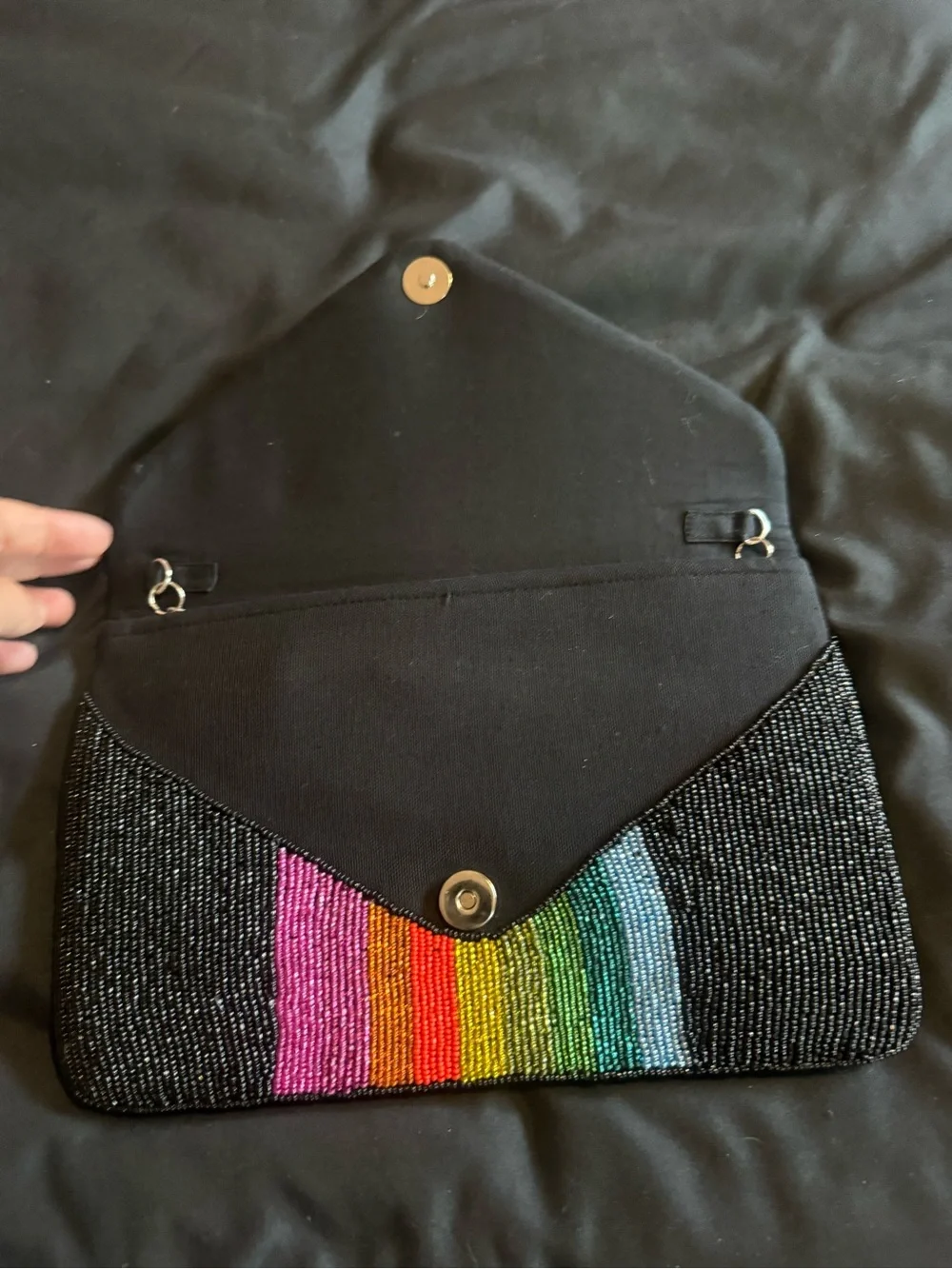 Black Beaded Rainbow Stripe Envelope Clutch